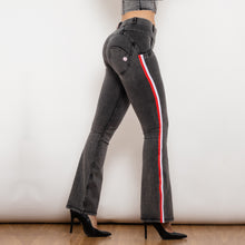 Load image into Gallery viewer, 81011GMJFS Shascullfites Melody Mid Waist Dark Thread Grey Flare Jeans with Stripe