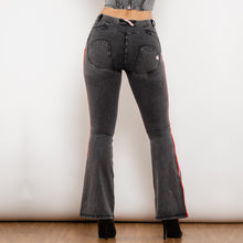 Load image into Gallery viewer, 81011GMJFS Shascullfites Melody Mid Waist Dark Thread Grey Flare Jeans with Stripe