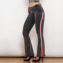 Load image into Gallery viewer, 81011GMJFS Shascullfites Melody Mid Waist Dark Thread Grey Flare Jeans with Stripe