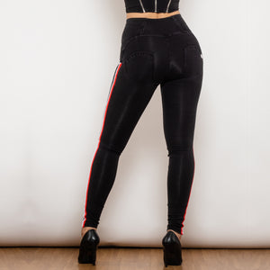 822HWDBlackJS Shascullfites Melody High Waist Dark Thread Black Jeans with Stripe