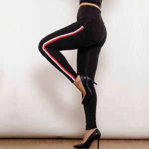 822HWDBlackJS Shascullfites Melody High Waist Dark Thread Black Jeans with Stripe