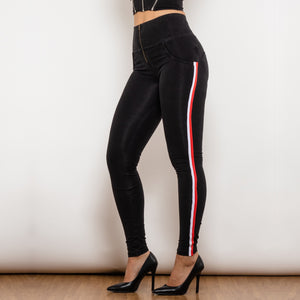 822HWDBlackJS Shascullfites Melody High Waist Dark Thread Black Jeans with Stripe