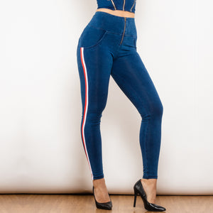 826HWDDBlueJS Shascullfites Melody High Waist Dark Thread Dark Blue Jeans with Stripe