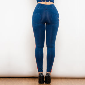 826HWDDBlueJS Shascullfites Melody High Waist Dark Thread Dark Blue Jeans with Stripe