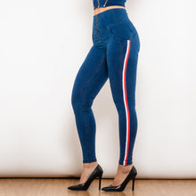 Load image into Gallery viewer, 826HWDDBlueJS Shascullfites Melody High Waist Dark Thread Dark Blue Jeans with Stripe