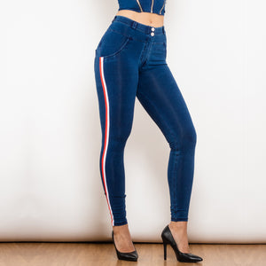 827MWDDBlueJS Shascullfites Melody Middle Waist Dark Thread Dark Blue Jeans with Stripe
