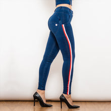 Load image into Gallery viewer, 827MWDDBlueJS Shascullfites Melody Middle Waist Dark Thread Dark Blue Jeans with Stripe
