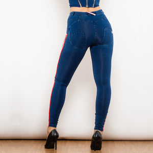 827MWDDBlueJS Shascullfites Melody Middle Waist Dark Thread Dark Blue Jeans with Stripe