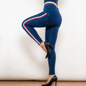 827MWDDBlueJS Shascullfites Melody Middle Waist Dark Thread Dark Blue Jeans with Stripe
