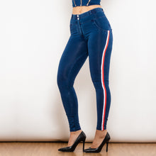 Load image into Gallery viewer, 827MWDDBlueJS Shascullfites Melody Middle Waist Dark Thread Dark Blue Jeans with Stripe