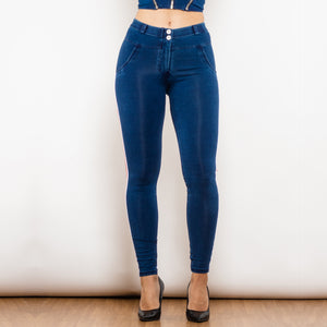 827MWDDBlueJS Shascullfites Melody Middle Waist Dark Thread Dark Blue Jeans with Stripe