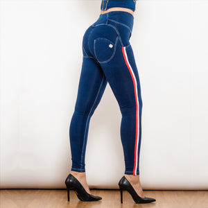 30827WDBSLJB Shascullfites Melody High Waist White Thread Dark Blue Jeans Button Style with Stripe