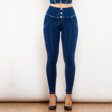 Load image into Gallery viewer, 30827WDBSLJB Shascullfites Melody High Waist White Thread Dark Blue Jeans Button Style with Stripe