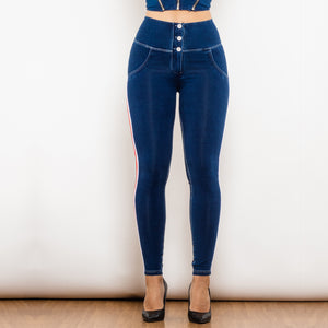 30827WDBSLJB Shascullfites Melody High Waist White Thread Dark Blue Jeans Button Style with Stripe