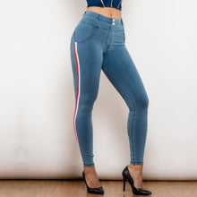 Load image into Gallery viewer, 831MWDLblueJS Shascullfites Melody Middle Waist Dark Thread Light Blue Jeans with Stripe