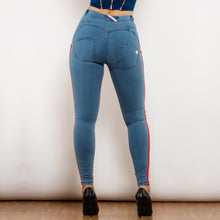 Load image into Gallery viewer, 831MWDLblueJS Shascullfites Melody Middle Waist Dark Thread Light Blue Jeans with Stripe
