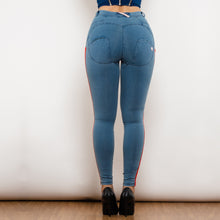 Load image into Gallery viewer, 831MWDLblueJS Shascullfites Melody Middle Waist Dark Thread Light Blue Jeans with Stripe