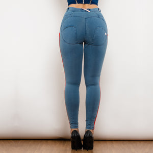 831MWDLblueJS Shascullfites Melody Middle Waist Dark Thread Light Blue Jeans with Stripe