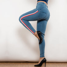 Load image into Gallery viewer, 831MWDLblueJS Shascullfites Melody Middle Waist Dark Thread Light Blue Jeans with Stripe