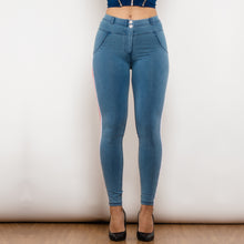 Load image into Gallery viewer, 831MWDLblueJS Shascullfites Melody Middle Waist Dark Thread Light Blue Jeans with Stripe