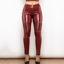 Load image into Gallery viewer, 921MRMLP Shascullfites Middle Waist MOTO Burgundy Leather Leggings