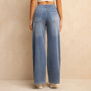 FSLS2082LWidejsMLB Shascullfites Melody High-Waisted Wide-Leg Jeans Light Blue Women's Stretchy Knit Trousers with Multiple Pockets for Work