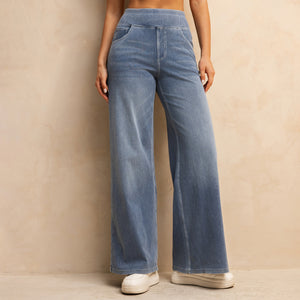 FSLS2082LWidejsMLB Shascullfites Melody High-Waisted Wide-Leg Jeans Light Blue Women's Stretchy Knit Trousers with Multiple Pockets for Work