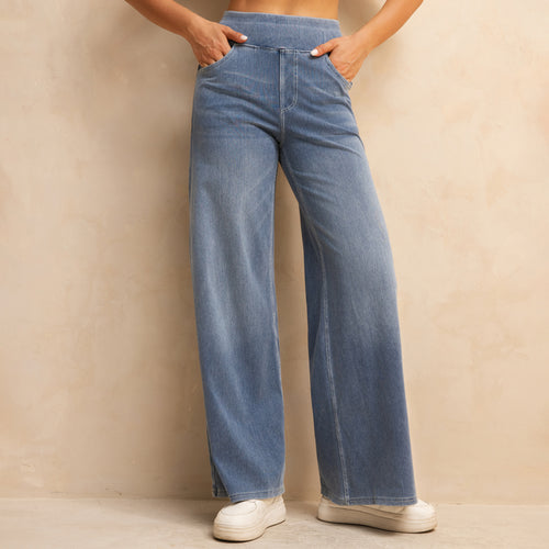 FSLS2082LWidejsMLB Shascullfites Melody High-Waisted Wide-Leg Jeans Light Blue Women's Stretchy Knit Trousers with Multiple Pockets for Work