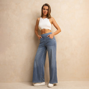 FSLS2082LWidejsMLB Shascullfites Melody High-Waisted Wide-Leg Jeans Light Blue Women's Stretchy Knit Trousers with Multiple Pockets for Work