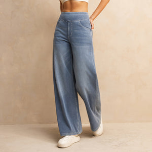 FSLS2082LWidejsMLB Shascullfites Melody High-Waisted Wide-Leg Jeans Light Blue Women's Stretchy Knit Trousers with Multiple Pockets for Work
