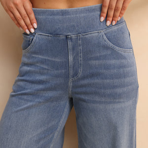 FSLS2082LWidejsMLB Shascullfites Melody High-Waisted Wide-Leg Jeans Light Blue Women's Stretchy Knit Trousers with Multiple Pockets for Work
