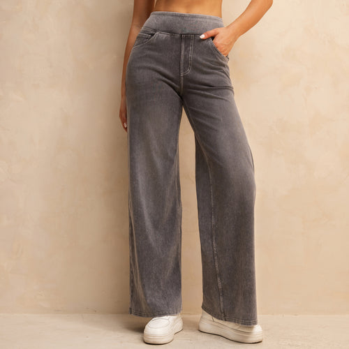 FSLS2082LWidejsMLG Shascullfites Full-Length Wide Leg Jeans Stretch Cotton Light Grey Wash Casual Pants with Multiple Pockets Baggy Fit