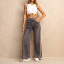 Load image into Gallery viewer, FSLS2082LWidejsMLG Shascullfites Full-Length Wide Leg Jeans Stretch Cotton Light Grey Wash Casual Pants with Multiple Pockets Baggy Fit