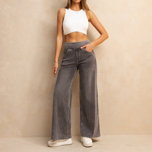 FSLS2082LWidejsMLG Shascullfites Full-Length Wide Leg Jeans Stretch Cotton Light Grey Wash Casual Pants with Multiple Pockets Baggy Fit