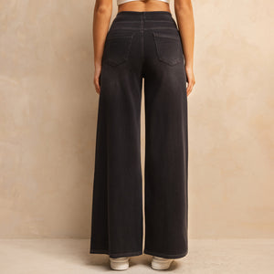 FSLS2082LWidejsDG Shascullfites Melody Dark Grey Women's Wide Leg Jeans Multiple Pockets Stretchy Knit Casual Baggy Jeans