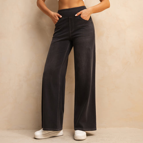 FSLS2082LWidejsDG Shascullfites Melody Dark Grey Women's Wide Leg Jeans Multiple Pockets Stretchy Knit Casual Baggy Jeans