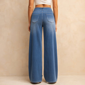FSLS2082LWidejsMB Shascullfites Melody High-Waisted Tummy Control Jeans for Women Retro Blue Flare Jeans with Pockets Casual Wide Leg Jeans