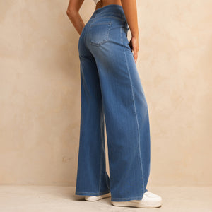 FSLS2082LWidejsMB Shascullfites Melody High-Waisted Tummy Control Jeans for Women Retro Blue Flare Jeans with Pockets Casual Wide Leg Jeans