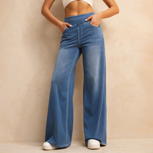 FSLS2082LWidejsMB Shascullfites Melody High-Waisted Tummy Control Jeans for Women Retro Blue Flare Jeans with Pockets Casual Wide Leg Jeans