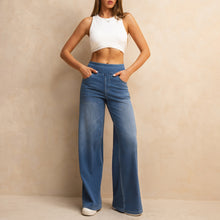 Load image into Gallery viewer, FSLS2082LWidejsMB Shascullfites Melody High-Waisted Tummy Control Jeans for Women Retro Blue Flare Jeans with Pockets Casual Wide Leg Jeans