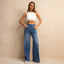 Load image into Gallery viewer, FSLS2082LWidejsMB Shascullfites Melody High-Waisted Tummy Control Jeans for Women Retro Blue Flare Jeans with Pockets Casual Wide Leg Jeans