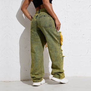 RW101 Shascullfites Melody Yellow Wash Streetwear Split Loose Straight Jeans Y2K Ripped Retro Women Denim Pants
