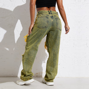 RW101 Shascullfites Melody Yellow Wash Streetwear Split Loose Straight Jeans Y2K Ripped Retro Women Denim Pants