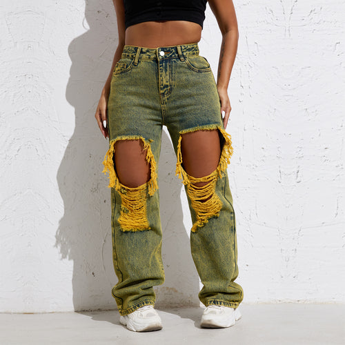 RW101 Shascullfites Melody Yellow Wash Streetwear Split Loose Straight Jeans Y2K Ripped Retro Women Denim Pants