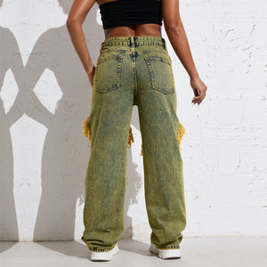 RW101 Shascullfites Melody Yellow Wash Streetwear Split Loose Straight Jeans Y2K Ripped Retro Women Denim Pants