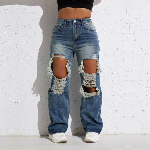 RW102 Shascullfites Melody Blue Wash Ripped Retro Stright Leg Jeans Women's Pants Denim Pants Jeans Wide Streetwear