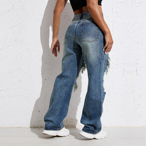 RW102 Shascullfites Melody Blue Wash Ripped Retro Stright Leg Jeans Women's Pants Denim Pants Jeans Wide Streetwear