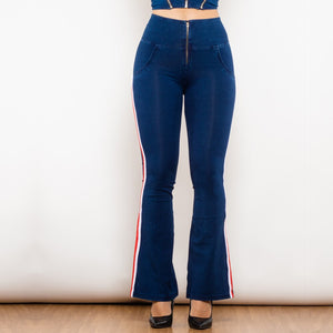 81004DBHJFS Shascullfites Melody High Waist Dark Thread Dark Blue Flare Jeans with Stripe