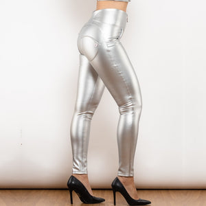 716SLHPR Shascullfites Melody Silver Leather High Waist Pants with Ring Zipper
