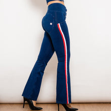 Load image into Gallery viewer, 301827WDBSFLJB Shascullfites Melody Dark Blue Striped Flared Lift Jeggings Button Up